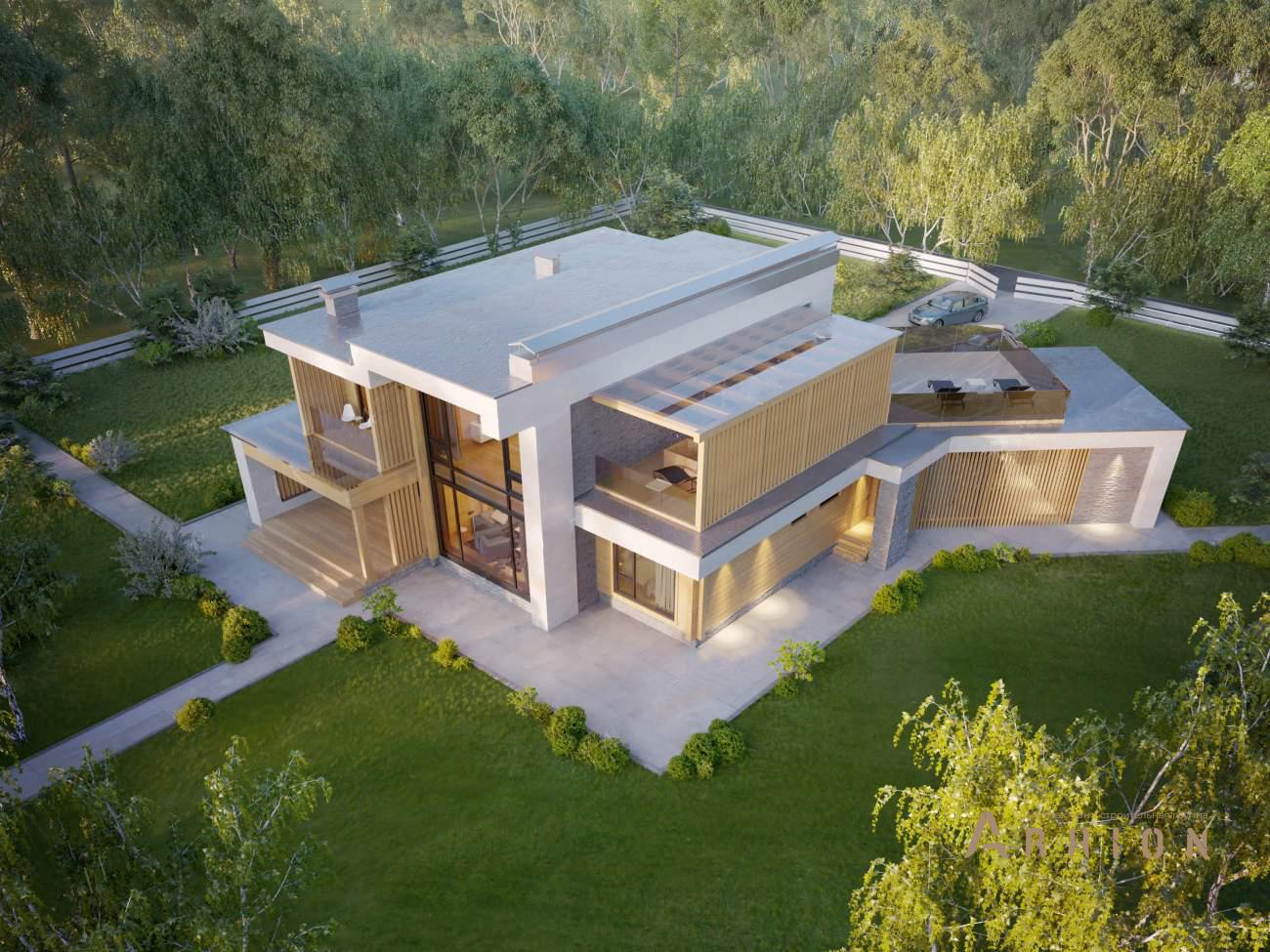 4. Проект двухэтажного дома в стиле хай-тек с плоской кровлей , rh-386, площадью - 386 кв c сауной, терассой, балконом, гаражом